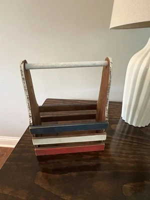 Patriotic Red White And Blue Wooden Bin Basket Container With Handle Rustic Look - Image 1 of 4