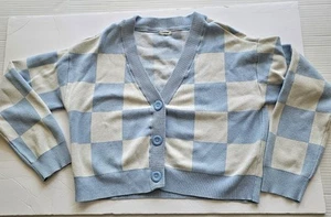Garage Blue White Checkered Button Up Cardigan Sweater Cropped No Size Tag - Picture 1 of 8