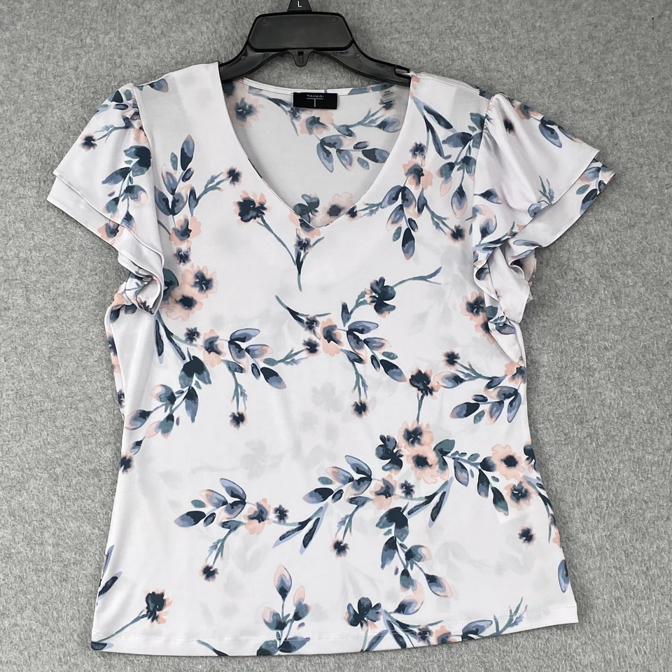 Blusa Tahari Top Mujer M Blanca Azul Floral Flutter Manga Corta Cuello en V Tejida Foto 1 de 4