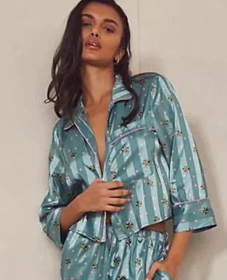 Free People Pijama Fiesta Dormir Top M Azul Rayas Rosa Lunares Satén Salón Foto 1 de 4