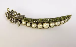 Heidi Daus Pea Pod Brooch green pave crystals & faux pearls - Picture 1 of 3