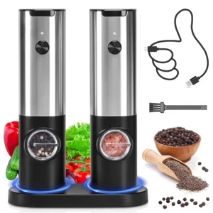 Electric Salt and Pepper Grinder Set with Rechargeable Base LED Light Refillable - Picture 1 of 9