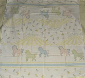 Vintage Baby Receiving Blanket Pastel Pony Carousel 28 Inch Has Stain - Picture 1 of 5