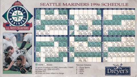 Seattle Mariners Baseball MLB 1996 Season Schedule Fridge Refrigerator Magnet Cover
