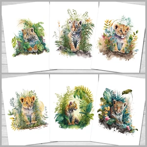 6 Blank Jungle Cats Note Cards & Envelopes Leopards Lions & Tigers Cats and Cubs - Picture 1 of 4