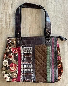 Vintage Relic Patchwork Leather Mixed Material Floral Shoulder Bag Tote Purse - Picture 1 of 11