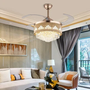 42 Acrylic Retractable Invisible Ceiling Fan Light LED Chandelier Lamp w/Remote - Picture 1 of 18