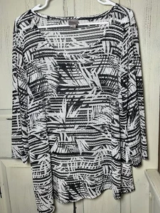 Easy Wear Chico’s Gr. 3 assymetrische schwarz-weiße transparente Strickbluse Blattmuster - Bild 1 von 7