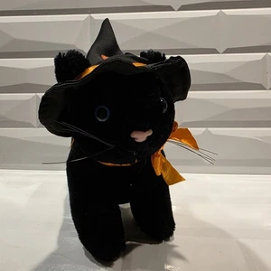 Vintage Halloween Black Cat Fiesta 9” Plush Orange Bow Stuffed Toy Animal Kitty - Picture 1 of 9