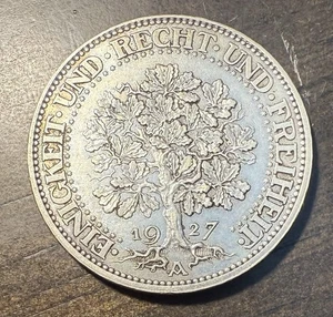 1927 Germany 5 Marks - Oak Tree - Silver Coin - Picture 1 of 2