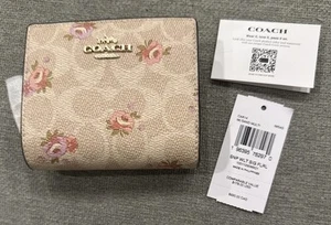 NWT Coach CAR14 Snap Wallet In Signature Canvas With Floral Print Gold/Sand - Picture 1 of 5