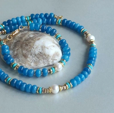 ✨balirena HALSKETTE+ARMBAND CHALZEDON blau TÜRKIS SÜSSWASSER-PERLEN HÄMATIT - Bild 1 von 4