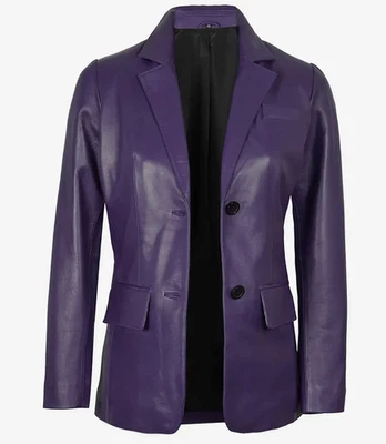 Women New Stylish Designer Look Two Button Sheepskin Purple Leather Blazer - Image 1 of 4