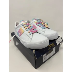 Polo Ralph Lauren Sayer White Rainbow Stripe Sneakers Shoes - Size 6 - Picture 1 of 6