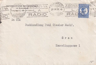 RUMANÍA - 1932 CUBIERTA A ALEMANIA FERROCARRIL TPO CANCELAR RADIO ESLOGAN Foto 1 de 2