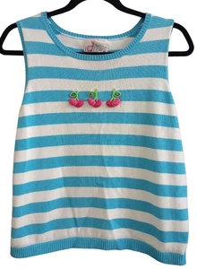 Quacker Factory Retro Stripe Blue White 3D Cherry Sleeveless Sweater Sz Medium - Picture 1 of 5