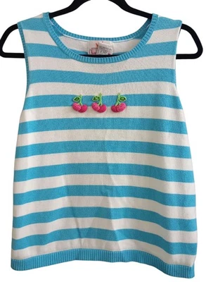 Quacker Factory Retro Stripe Blue White 3D Cherry Sleeveless Sweater Sz Medium - Image 1 of 4
