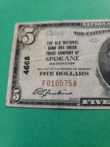 5 $ 1929 Old National Bank & Union Trust Co. Of Spokane Washington - Bild 1 von 3