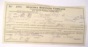ANTIQUE 1917 AUGUSTA REFINING COMPANY DULUTH MINN. OKLAHOMA STOCK SLIP PETERSON - Picture 1 of 2
