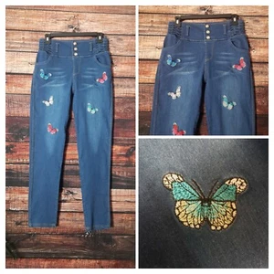 Skinny Ankle Jeans 10 Embroidered Butterfly Embellished Jeggings Ruched Womens - Picture 1 of 9