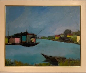 Dipinto olio su tavola, Paesaggio fluviale, D’Accardi, XX secolo - Imagen 1 de 6