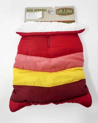 70's Retro Puffer VEST Sherpa Lined Warm Colorful Rainbow Dog Jacket Red & Blue - Image 1 of 4