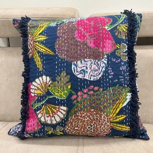 Kantha pillow cover blue tufted cushion cover boho throw pillows euro sham cover - Picture 1 of 8