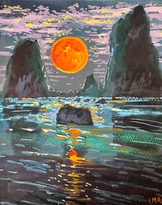 Sunset Sea Painting signed Art Impressionism Collectible Coastal Artwork - Picture 1 of 3