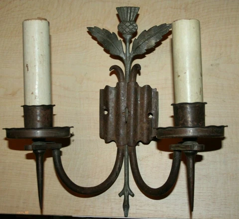 Antique double wall sconce, heavy metal, pull chains, inscribed Cover