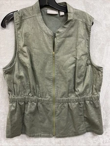 Chico’s Vest 2 L Linen Cotton Green Gold Shimmer Full Zip Safari Utility - Picture 1 of 5