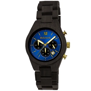 Holzwerk TORGAU Herren Holz Uhr Chronograph mit Datum, Ebony schwarz, blau, gold - Bild 1 von 7