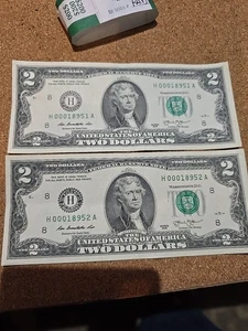 Bills $2 Bill Star Notes Consecutive Serial Numbers, Low Serial Number - Picture 1 of 1