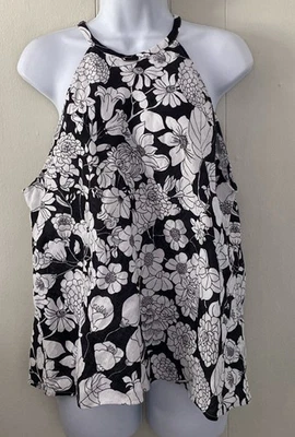 Regata J Crew linho âmbar clássico floral preto branco gola alta tamanho grande nova sem etiquetas - Imagem 1 de 4