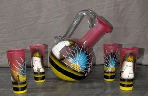 Vintage mexikanische handbemalte mundgeblasene Kunst Glas Tequila Karaffe Schnapsgläser - Bild 1 von 10