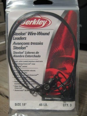3 Berkley 18" Steelon Wire-Wound Leaders Nylon Coated 45 LB Test Black Color - Image 1 of 3