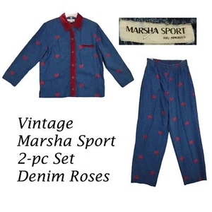 De Colección Marsha Sport S/M Denim Bordado Rosas Rojas Camisa Pantalón Conjunto de 2 piezas Borde Terciopelo - Imagen 1 de 10