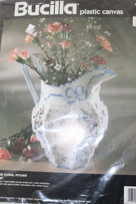 1993 Bucilla Platic Canvas Kit Vintage Floral Pitcher 10" High NEW - Image 1 of 4
