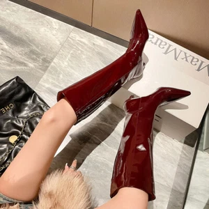 Mujeres Moda Patente Punta Punta Punta Tacón Medio Tirar de Slouchy Botas de Caballero Zapatos JWK - Imagen 1 de 14