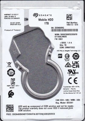 ST1000LM035 p/n: 1RK172-570 s/n: ZDE fw: EB01 TK MAY 2022 1TB 2.5" SATA SEAGATE - Image 1 of 4