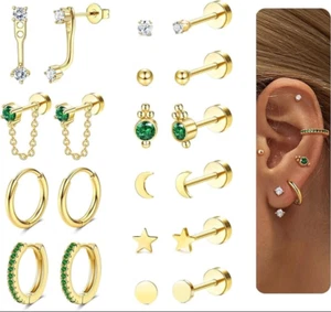 Dainty Gold Flat Back Earrings Hypoallergenic Cartilage Earring Sets for Multipl - Picture 1 of 6