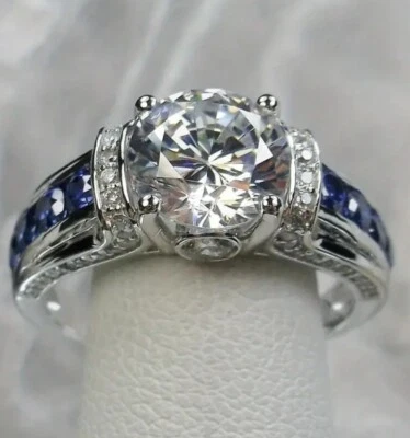Anillo de moissanita y zafiro 2 KT talla 9.  Boda de compromiso de plata 935 de uso diario  Foto 1 de 4