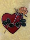 Vintage stained glass heart & rose on stem    window suncatcher- 5.5"