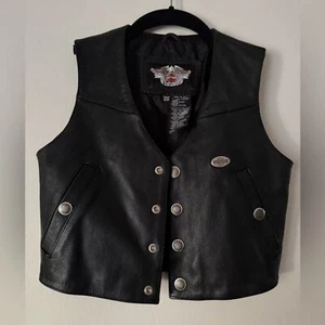 Harley Davidson Youth Black Leather Vest, Metal Engraved Snaps, Side Pockets, XS - Picture 1 of 8