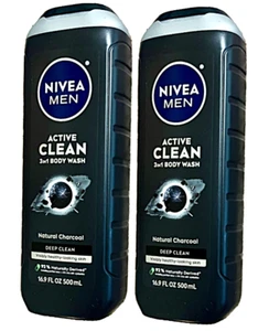 Nivea Men ACTIVE CLEAN 3-in-1 Body Wash DEEP CLEAN w/Natural Charcoal 16.9oz-2Pk - Picture 1 of 1