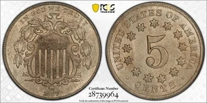 Choice AU 1867 "No Rays" US SHIELD Níquel. PCGS AU58. Etiqueta escudo. CAC. - Imagen 1 de 14