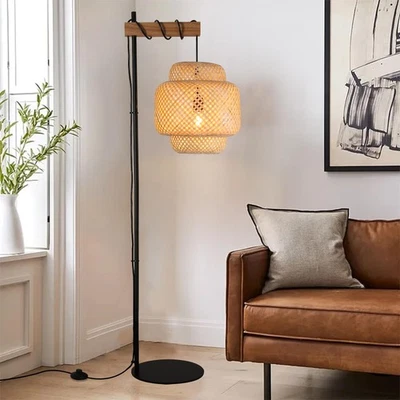 Bamboo Floor Lamp for Living Room, Boho Hand-Worked Woven Cake Lampshade Stan... - Image 1 of 4