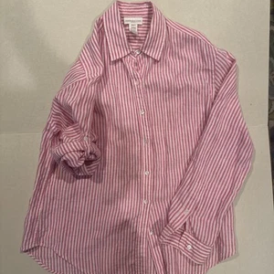 Jones New York 100% Linen Button Down Shirt Women’s L Pink Striped Beach Coastal - Picture 1 of 5
