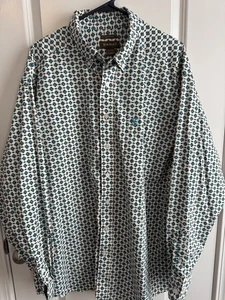 Ariat Mens XXL White Blue Geometric Pattern Pocket Stretch Button Down Shirt - Picture 1 of 6