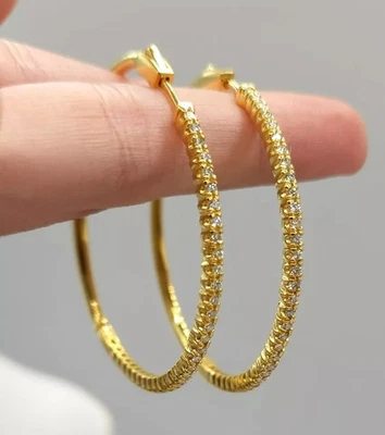 Rund Geschliffen Künstlicher Diamant Damen Huggie Creolen 14k Gelb Vergoldet - Bild 1 von 4