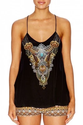 Camilla Sz1 Warrior Wanderlust Черный Шелк T-Back Топ Shoestring Crystal Cami Б/У в отличном состоянии - Изображение 1 из 4